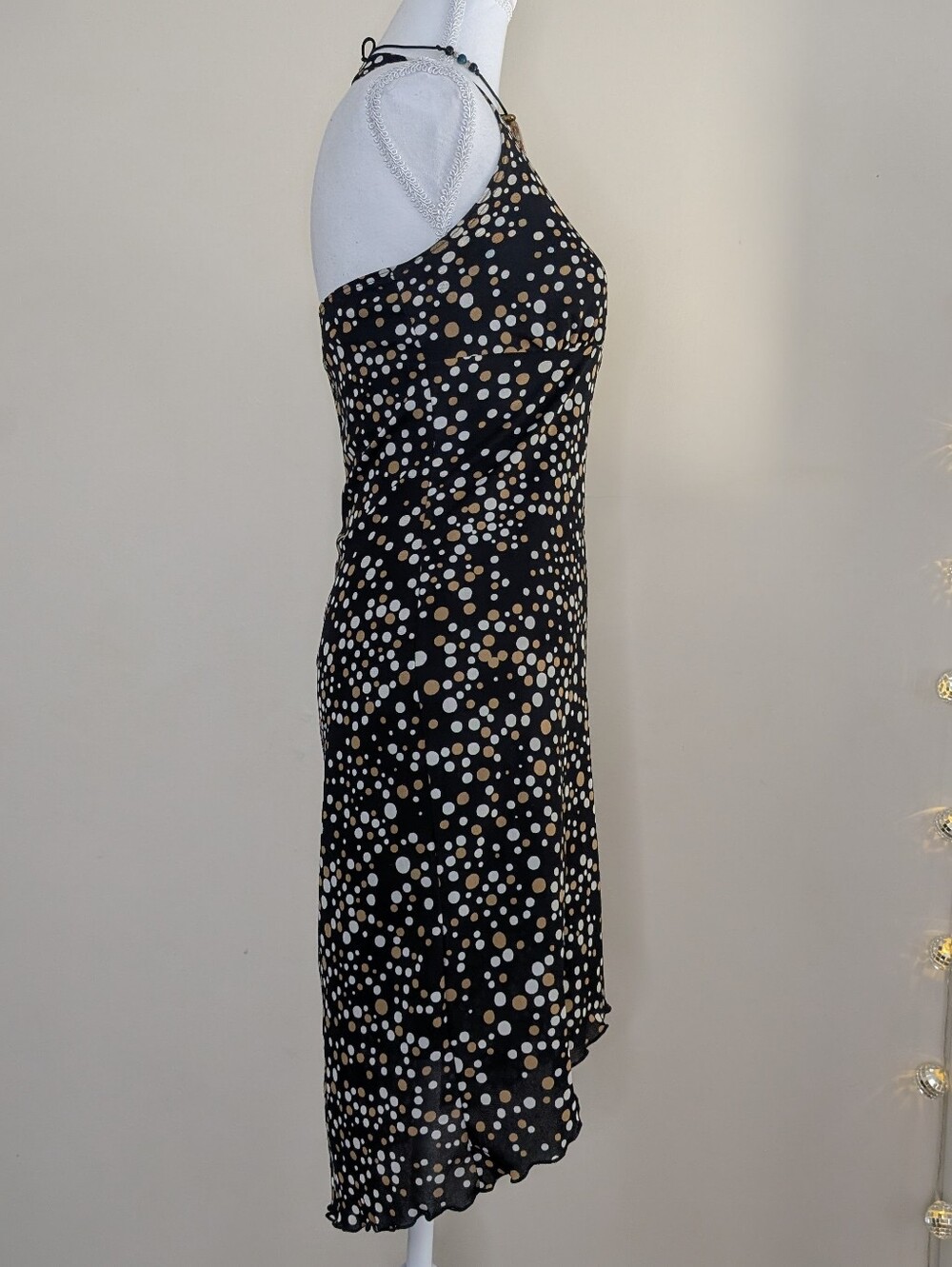 Vtg Y2K Black Halter Polka Dot Midi Dress in Cream and White - Picture 5 of 7
